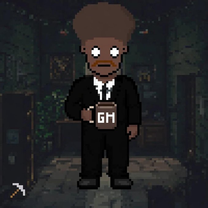 A pixel art character of a dark-skinned man in a black suit holding a mug with 'GM' written on it.