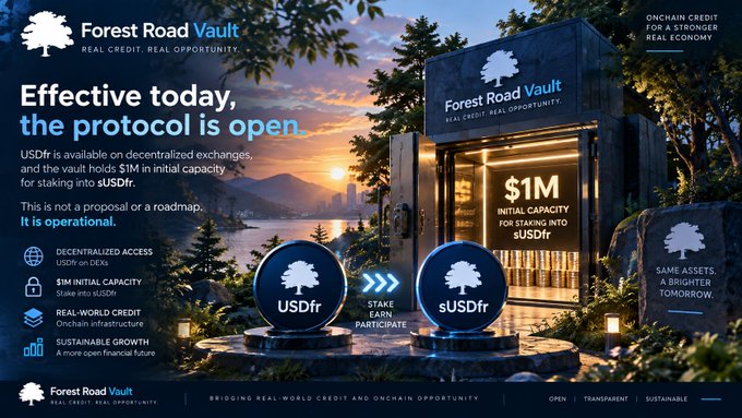 A promotional banner for "Forest Road Vault" announcing that the protocol is open, featuring imagery of a vault and text about staking $USDfr and decentralization.