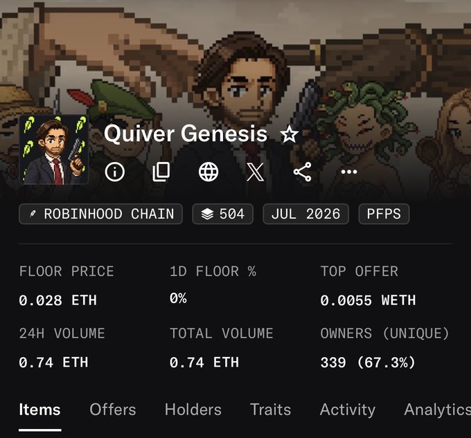 The image shows a NFT collection page for "Quiver Genesis" on Robinhood Chain, with 504 items, featuring a floor price of 0.028 ETH, 339 unique owners (67.3%), and a top offer of 0.0055 WETH. It relates to the post by showcasing the collection's current market stats, supporting the claim of a profitable investment opportunity for community members.