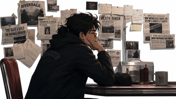 An illustration shows a person in a black "Southside Serpents" jacket looking at a bulletin board covered with "Riverdale" newspaper clippings including "Death Diner" and "The Blue & Gold."