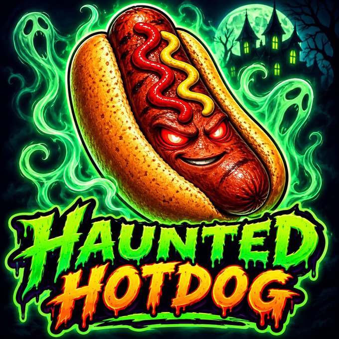 A vibrant, stylized graphic of an angry hot dog with glowing red eyes, topped with ketchup and mustard, surrounded by green ghostly smoke, with text reading 'HAUNTED HOTDOG'.