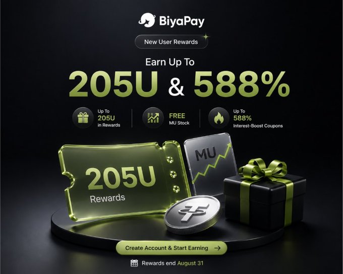 An advertisement for "BiyaPay" promoting new user rewards of "205U & 588%" with a "Create Account & Start Earning" button.