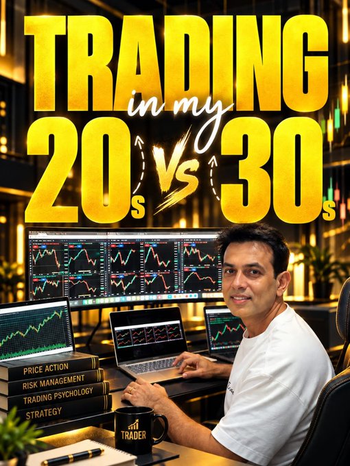 Trading promotional graphic titled 'TRADING in my 20s vs 30s' featuring a young male trader at a desk with multiple monitors displaying charts and books on price action, risk management, and trading psychology.
