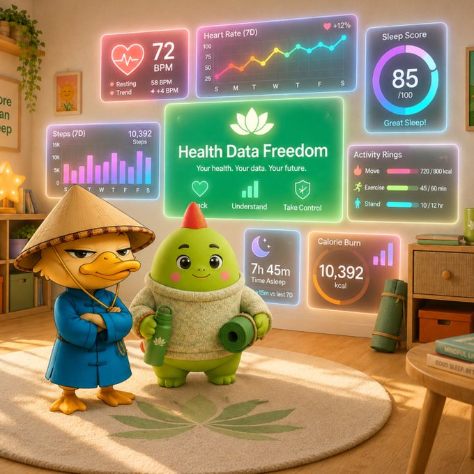 A promotional image for 'Health Data Freedom' showing a duck character in traditional Asian attire standing with a green cannabis-themed character holding a water bottle and yoga mat, surrounded by fitness and health metric displays.