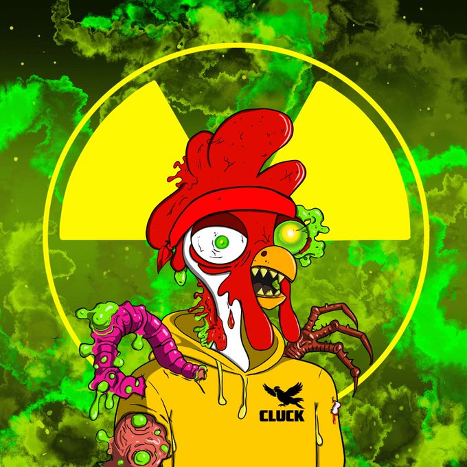 A cartoon illustration of a creepy, mutated chicken character wearing a yellow hoodie with 'CLUCK' written on it, set against a green and yellow radioactive-style background.
