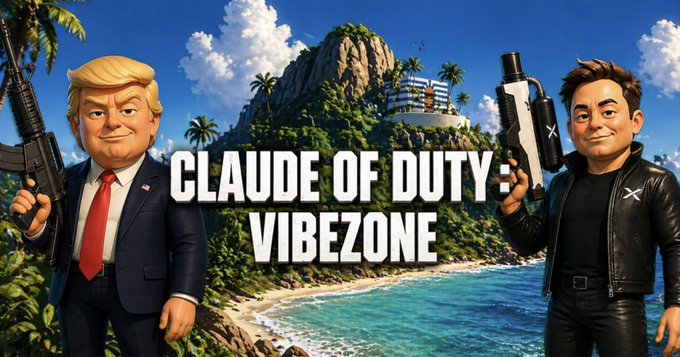 A digital artwork titled "CLAUDE OF DUTY VIBEZONE" depicts bobblehead-style caricatures of Donald Trump and Elon Musk holding guns on a tropical beach with a Greek flag on a hill.