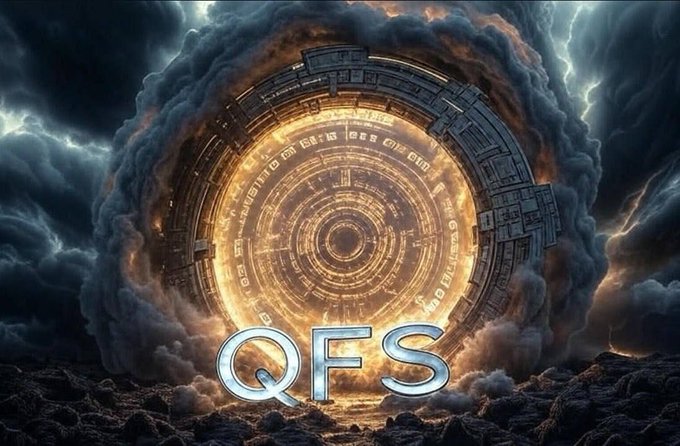 A dramatic sci-fi/abstract image showing a glowing golden circular portal or mechanical structure surrounded by dark clouds and lightning, with the text 'QFS' prominently displayed.
