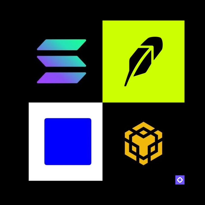 The image displays four logos associated with the post: the Solana logo (gradient-colored stacked shapes), the Robinhood logo (yellow square with a black feather), the Block logo (white square with blue square), and the BNB Chain logo (yellow geometric design), illustrating the onchain DEX activity comparison between the Solana and Robinhood blockchain networks over the past 7 days.