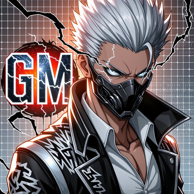 An anime-style illustration of a silver-haired male character wearing a black mask and leather jacket, with the letters 'GM' displayed prominently behind him in a cracked red circle design.