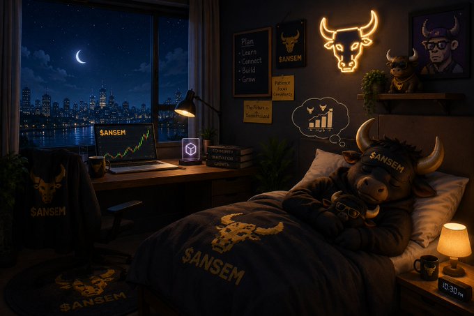 A cozy bedroom at night features a glowing "SANSEM" neon bull sign, a laptop displaying a rising "$ANSEM" chart, a motivational "Plan • Learn • Connect • Build • Grow" chalkboard, and a stuffed bull plush resting under a "SANSEM" blanket — perfectly matching the post's reflective theme of winding down after a day of community growth and steady progress with $ANSEM.