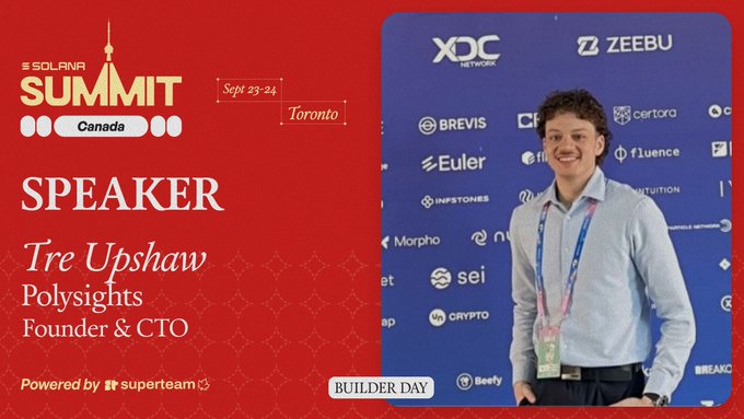 This image features Tre Upshaw, Founder & CTO at Polysights, who is a speaker at the Solana Summit Canada on Sept 23-24 in Toronto. The image is an announcement graphic for the event with Upshaw's photo on the right side.
