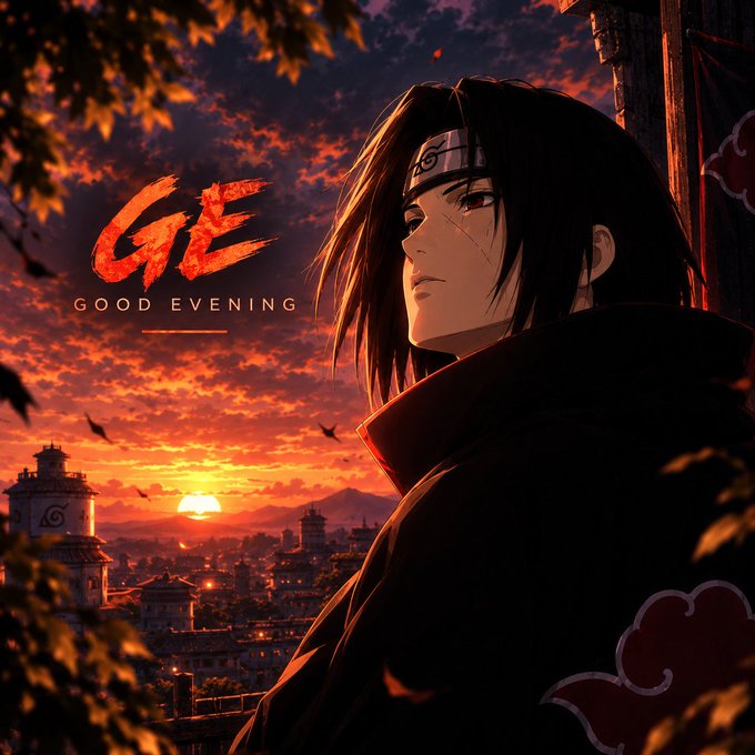 An anime-style illustration features a dark-haired character wearing a headband with a leaf symbol, set against a dramatic sunset with the stylized text "GE - GOOD EVENING" displayed on the left.
