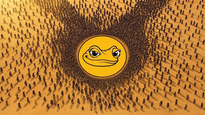 A surreal artistic image featuring a large yellow smiley face with sad-looking eyes in the center, surrounded by a vast crowd of tiny silhouetted figures arranged in a circular pattern against a tan background.