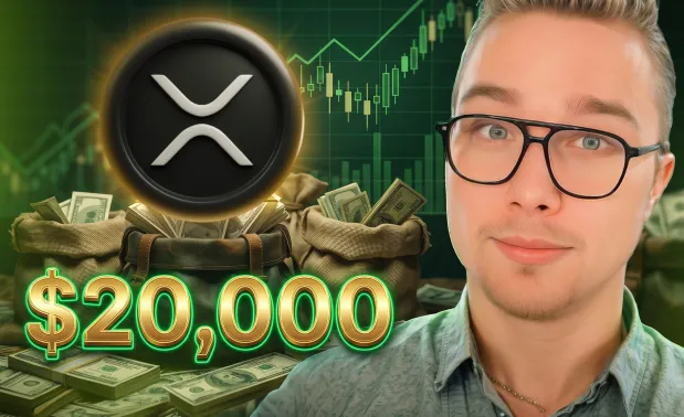 A man with glasses appears next to a graphic featuring the XRP logo, a rising candlestick chart, money bags, and stacks of cash, with bold "$20,000" text displayed prominently. The image reinforces the post's claim about an XRP-related opportunity, using visual elements of financial growth and wealth to entice engagement.
