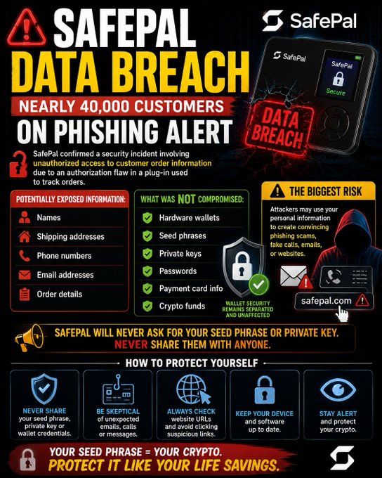 An infographic titled "SAFEPAL DATA BREACH" warns that nearly 40,000 customers are on phishing alert after an authorization flaw in a third-party order-tracking plug-in exposed personal data including names, shipping addresses, phone numbers, and emails—while emphasizing that hardware wallets, seed phrases, and crypto funds remained uncompromised, with tips urging users to never share their seed phrase and to stay alert against scams on safepal.com.