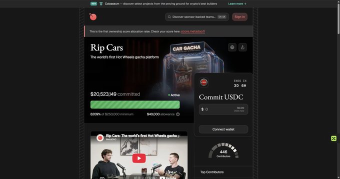 A screenshot of MetaDAO's "Rip Cars" project page shows $20,523,149 committed (209% of the $250,000 minimum) with 3 days and 6 hours remaining and 448 contributors, illustrating the post's context of participating in a token sale to pursue a yield of around 0.7%.