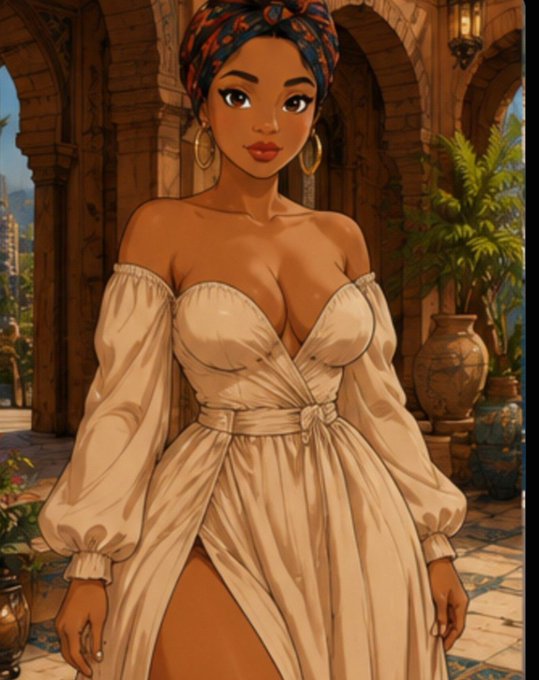 An illustrated portrait depicts a stylish woman with a patterned headwrap, hoop earrings, and an off-shoulder cream dress, standing in an ornate Middle Eastern-style architectural setting.