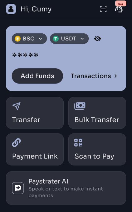 The image shows a mobile app interface for "Paystrater" featuring a greeting "Hi, Cumy" with wallet options set to BSC (BEP-20) and USDT, along with action buttons for Transfer, Bulk Transfer, Payment Link, and Scan to Pay, plus a "Paystrater AI" assistant feature. This dashboard aligns with the post's claim of gasless transactions and seamless swapping/bridging, showcasing the platform's user-friendly crypto management tools on BSC network.