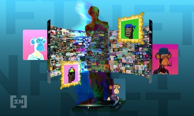 A graphic featuring an Oscar-like statue surrounded by NFT-style digital artwork panels, including Bored Ape-style and CryptoPunk-style characters, with '[IN]' text in the corner.