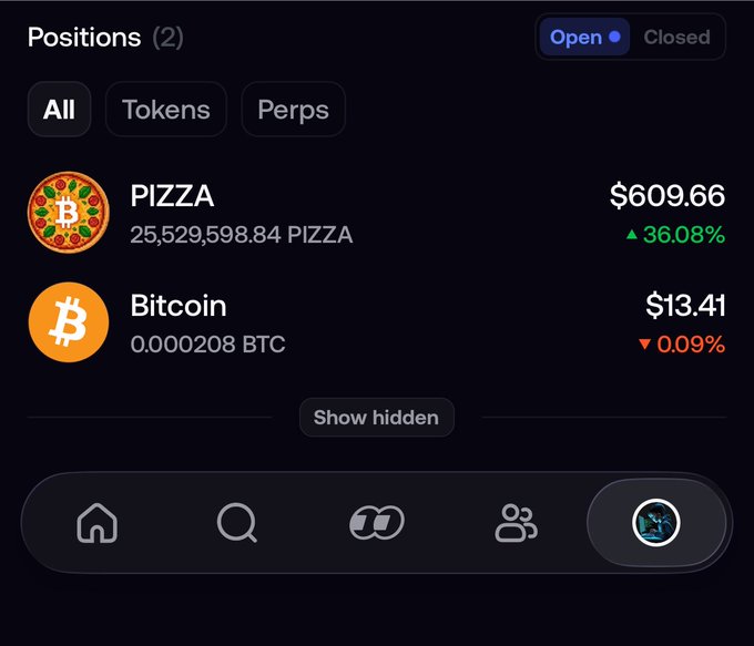 A mobile wallet interface displays two open positions: 25,529,598.84 PIZZA tokens worth $609.66 (up 36.08%) and 0.000208 BTC worth $13.41 (down 0.09%), illustrating the user's earnings in $BTC from simply holding $Pizza.