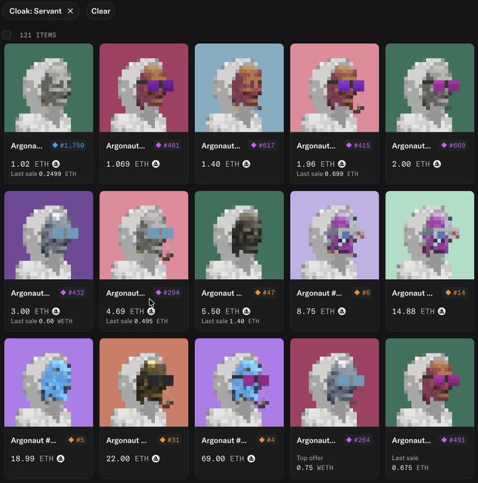 A digital marketplace showing a collection of 121 pixelated 'Argonaut' NFT items with various prices ranging from 1.02 ETH to 69.00 ETH, displayed on a 'Cloak: Servant' page.