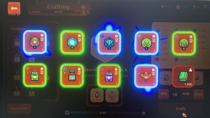 A mobile game crafting menu screen showing colorful item icons including potions, gems, and food items in glowing green and blue borders, with 'Crafting Lv.72' at the top.