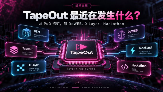 A neon-style graphic with Chinese text '近期进展 TapeOut 最近在发生什么？' highlighting features like BEM, DeWEB, TapeKit, TapeSend, X Layer, and Hackathon.