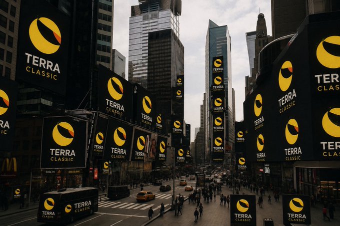 A bustling city street lined with towering skyscrapers is plastered with black billboards displaying the yellow "TERRA CLASSIC" logo, visually reinforcing the post's message that $LUNC is everywhere. The repeated branding across the urban landscape evokes the idea of Terra Classic's widespread presence and growing momentum.