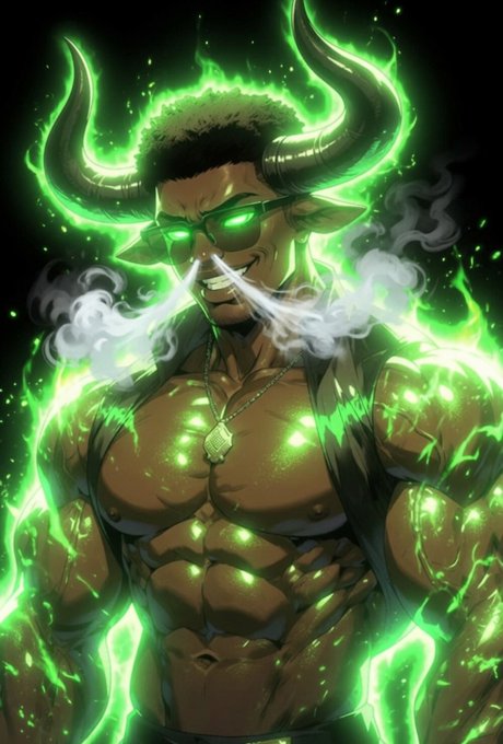 An anime-style illustration of a muscular man with glowing green eyes, horns, and green energy emanating around him, smoking a cigar.
