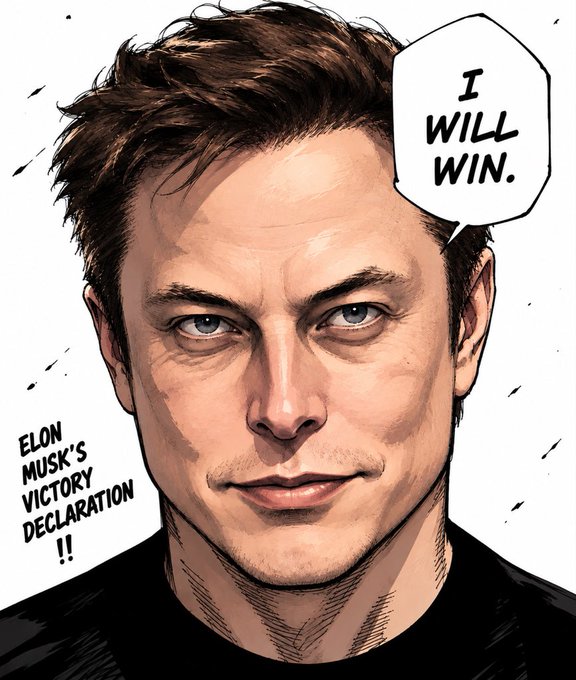 A comic-style illustration of Elon Musk with a speech bubble saying 'I WILL WIN.' and text labeling it 'ELON MUSK'S VICTORY DECLARATION!!'