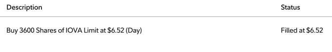 A trading screenshot confirms the purchase of 3,600 shares of $IOVA at $6.52 (day order, filled at $6.52), illustrating the user's stated action of rotating $ABCL profits into adding more $IOVA exposure to their core portfolio focused on cellular immunotherapy.