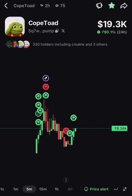 A screenshot of a cryptocurrency price chart for 'CopeToad' showing a market cap of $19.3K, up 790.1% (24h), with 330 holders including croakie and 3 others.
