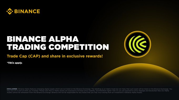 A promotional banner for the "Binance Alpha Trading Competition" featuring the Binance logo and the CAP token emblem, inviting users to trade Cap (CAP) and share in exclusive rewards. The accompanying post elaborates that the competition offers $100K worth of rewards and a new 1.2x Rising Trader Boost for qualified Alpha traders.