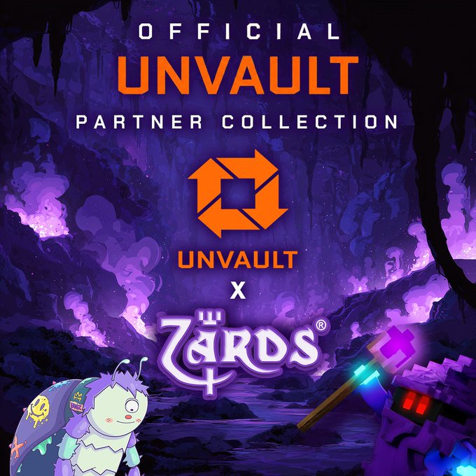 A promotional graphic featuring the text "OFFICIAL UNVAULT PARTNER COLLECTION" alongside the Unvault logo, paired with the "Zards" logo against a mystical purple cave background with cartoon characters. The image visually announces Unvault's partnership with ZardsNFT, highlighting their multi-chain expansion as mentioned in the accompanying post about allocating Genesis Bugz across 8 chains.