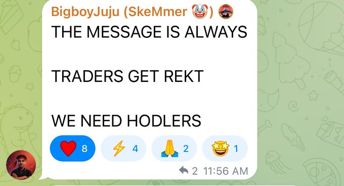 A screenshot of a Telegram message from "BigboyJuju" stating "THE MESSAGE IS ALWAYS TRADERS GET REKT, WE NEED HODLERS," which aligns with the accompanying post's emphasis on prioritizing dedicated holders over short-term traders in the $TSUKI community. The message received 8 hearts, 4 lightning reactions, 2 prayers, and 1 star reaction at 11:56 AM.