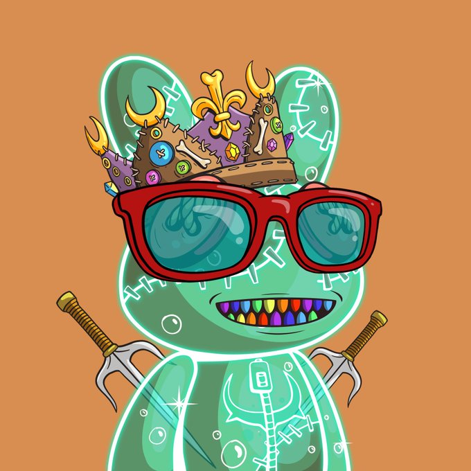 A cartoon character resembling a voodoo doll with green skin, wearing red sunglasses, a crown, and stitched markings, with two swords crossed behind it on an orange background.