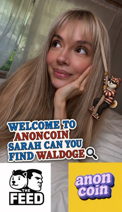 The image features a woman with blonde hair posing for a picture, wearing a cartoon character headband that has a dog on it. The background of the photo shows a window behind her. There are several logos present in the image, including "The Feed" logo and "Anoncoin".