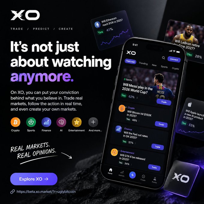 An advertisement for the XO prediction market platform displays the tagline 'It's not just about watching anymore' and shows a smartphone with trading markets for sports, crypto, and finance.