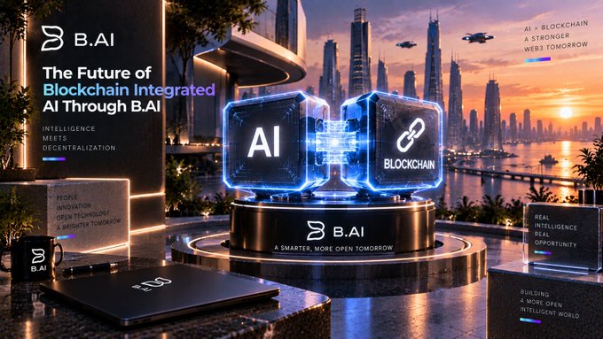 A promotional graphic for B.AI features the text 'The Future of Blockchain Integrated AI Through B.AI' alongside 'INTELLIGENCE MEETS DECENTRALIZATION'. Glowing cubes labeled 'AI' and 'BLOCKCHAIN' are displayed on a pedestal with the tagline 'A SMARTER, MORE OPEN TOMORROW'.