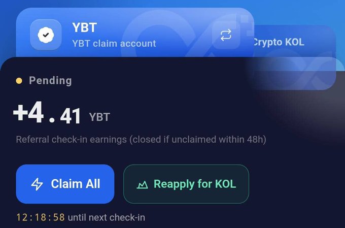 A screenshot of the YEBLOCK (YBT) claim account interface shows 4.41 YBT in pending referral check-in earnings, available to claim within 48 hours, alongside a countdown to the next check-in and a button to reapply for KOL status.