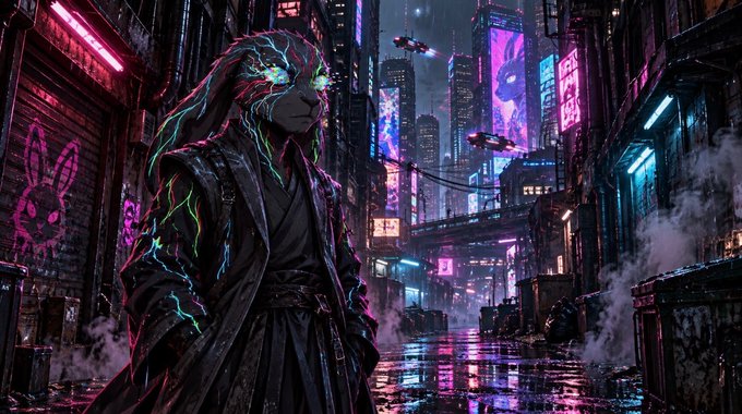 A cyberpunk-style digital artwork depicting a figure with glowing neon-colored eyes and hair-like energy strands standing in a rainy, neon-lit futuristic city street, with flying vehicles in the background.