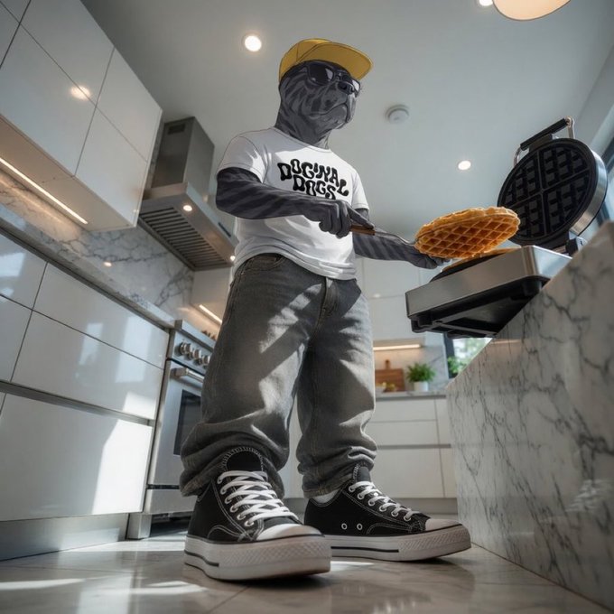 A digital rendering shows a tall humanoid figure wearing a yellow cap, sunglasses, white 'Dogma Dress' t-shirt, oversized gray jeans, and black sneakers while holding a waffle in a modern kitchen.