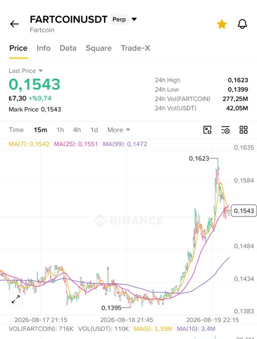 A Binance perpetual futures chart for FARTCOINUSDT shows the price at 0.1543 with a +9.74% gain, having spiked to a 24h high of 0.1623—corroborating the post's claim that Fartcoin hit $0.162 amid a sharp upward move. The caption would read: "FARTCOINUSDT perpetual futures on Binance surge 9.74% to $0.1543, hitting a 24h high of $0.1623 as the trader celebrates their long position catching the memecoin breakout."