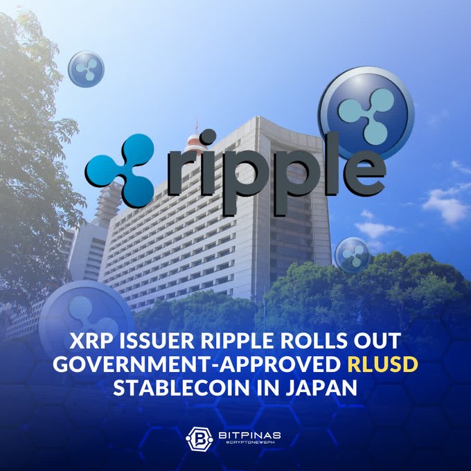 BitPinas article header featuring Ripple's logo over an image of a building, with the headline 'XRP ISSUER RIPPLE ROLLS OUT GOVERNMENT-APPROVED RLUSD STABLECOIN IN JAPAN.'