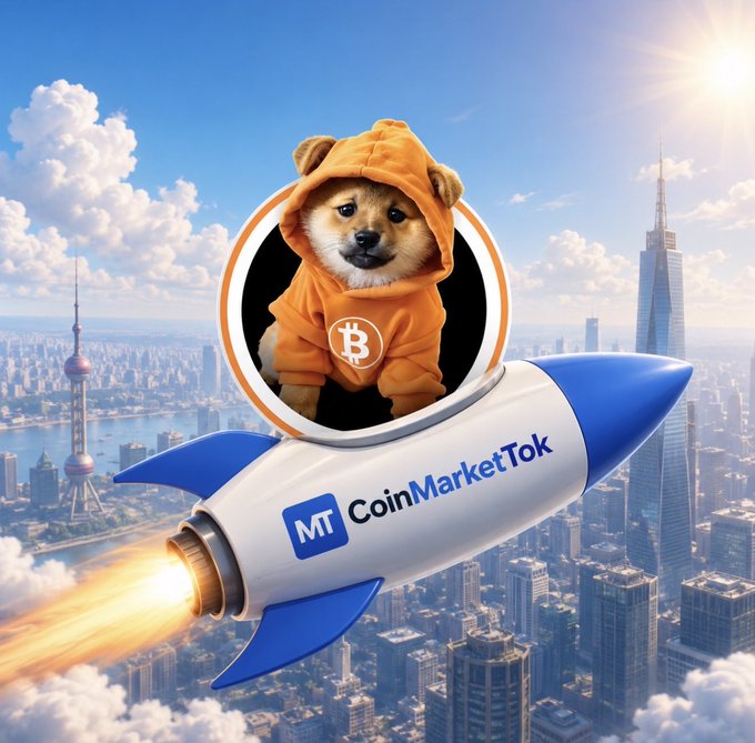 The image features a small dog wearing an orange hoodie, sitting inside a rocket ship that has "coinmarkettok" written on its side. The rocket ship appears to be flying through the sky with buildings visible below. The caption of the image reads "The next big move starts with strong communities. Build early, stay focused, and grow with the future of Web3. coinmarkettok.io CMT Presale: solana/launchp / ... Coinbase @ cz_binance @ Binance @ coinbase".