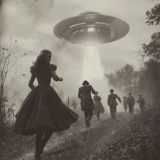 A black-and-white scene of a woman in a long dress and a group of men in hats running through a field toward a large classic flying saucer UFO beaming light down from above.