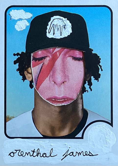 A mixed-media art piece featuring a painted portrait of a person wearing a black cap with a Ziggy Stardust-style lightning bolt painted across their closed eyes, signed 'Fenthal James' at the bottom.