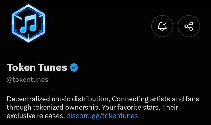 A Twitter profile header for "Token Tunes" (@tokentunes), described as a decentralized music distribution platform connecting artists and fans via tokenized ownership, with a Discord link.