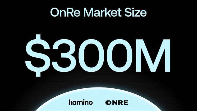 A graphic displays 'OnRe Market Size' with '$300M' in large light blue text against a black background, with 'lcamino' and 'ONRE' logos at the bottom.
