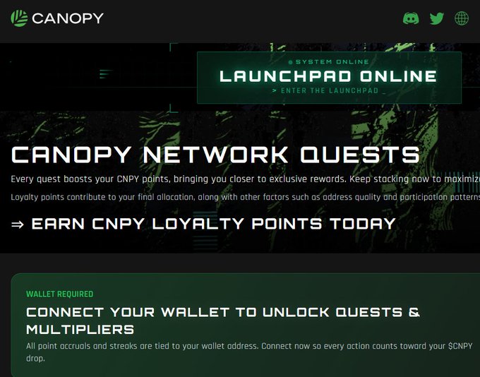 A dark-themed webpage for CANOPY displaying 'LAUNCHPAD ONLINE' and 'CANOPY NETWORK QUESTS', with text about earning CNPY loyalty points and connecting a wallet.